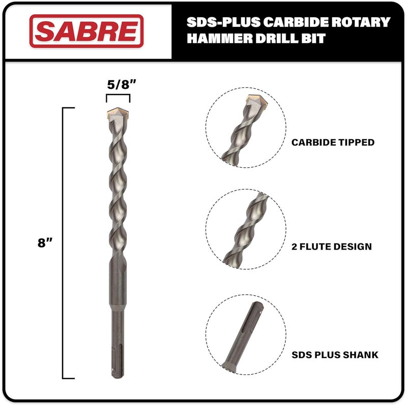 Sabre Tools 5-Pack 5/8 Inch x 8 Inch SDS Plus Rotary Hammer Drill Bits, Carbide Tipped for Brick, Stone and Concrete (5/8” x 6" x 8") - Image 2
